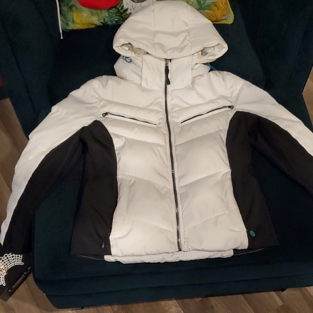 Calvin Klein Women's White and Black Hooded down Jacket
